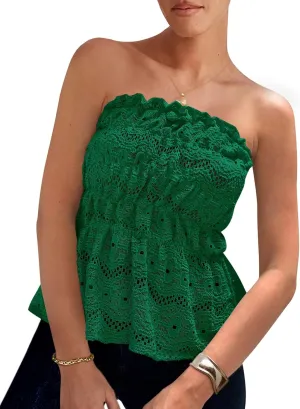 PRETTYGARDEN Tube Tops for Women 2025 Summer Strapless Off Shoulder Eyelet Smocked Peplum Trendy Going Out Boho Top