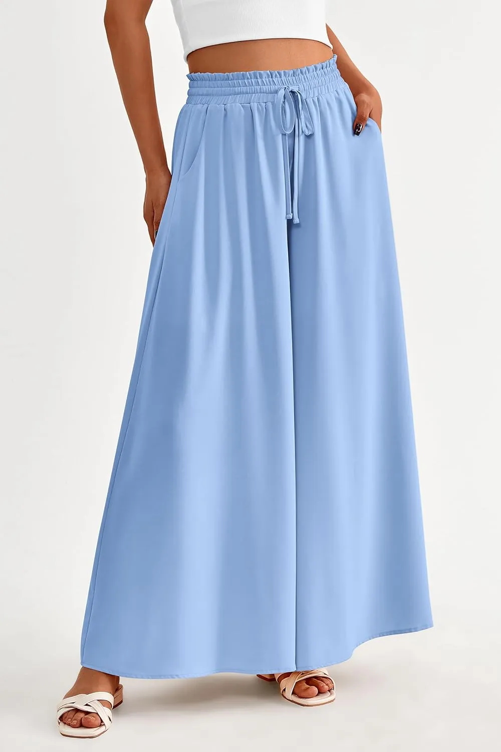 PRETTYGARDEN Women's 2025 Summer Wide Leg Palazzo Pants High Waisted Flowy Pockets Trendy Casual Lounge Boho Beach Trousers