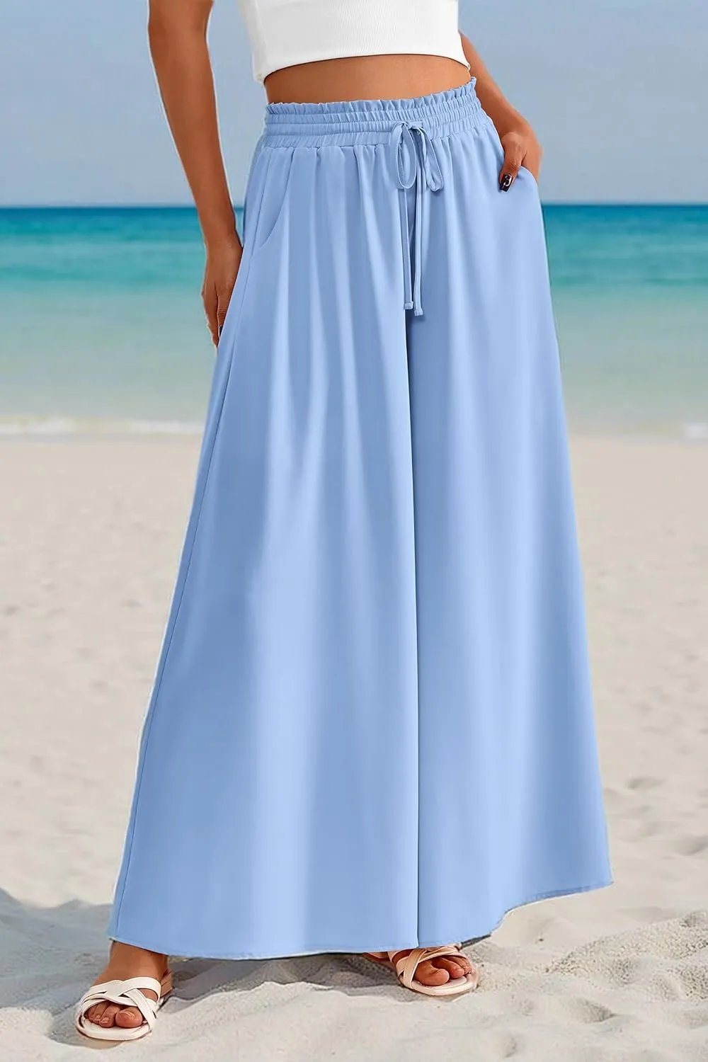 PRETTYGARDEN Women's 2025 Summer Wide Leg Palazzo Pants High Waisted Flowy Pockets Trendy Casual Lounge Boho Beach Trousers