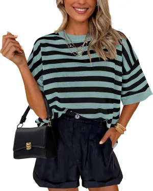 PRETTYGARDEN Womens Spring Summer Tops Fashion Striped Short Sleeve Sweater Crew Neck Lightweight Knit Oversized Shirts 2025