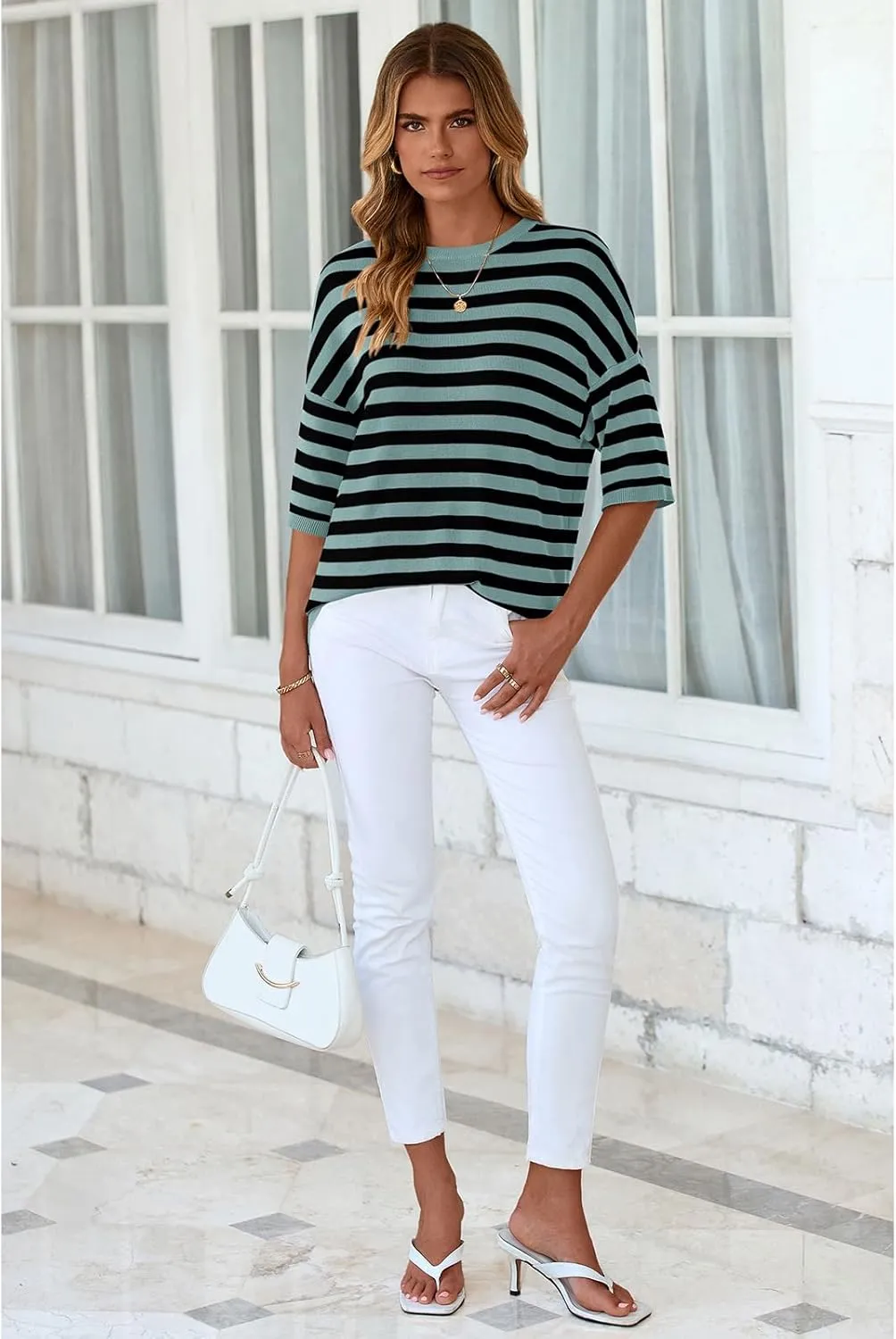 PRETTYGARDEN Womens Spring Summer Tops Fashion Striped Short Sleeve Sweater Crew Neck Lightweight Knit Oversized Shirts 2025