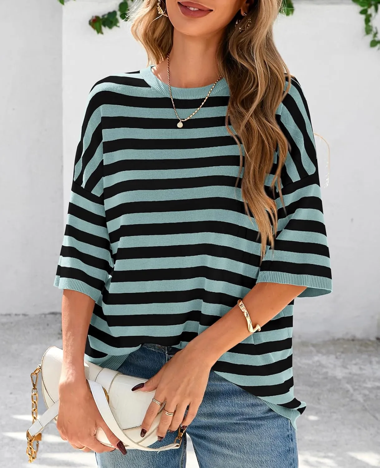 PRETTYGARDEN Womens Spring Summer Tops Fashion Striped Short Sleeve Sweater Crew Neck Lightweight Knit Oversized Shirts 2025