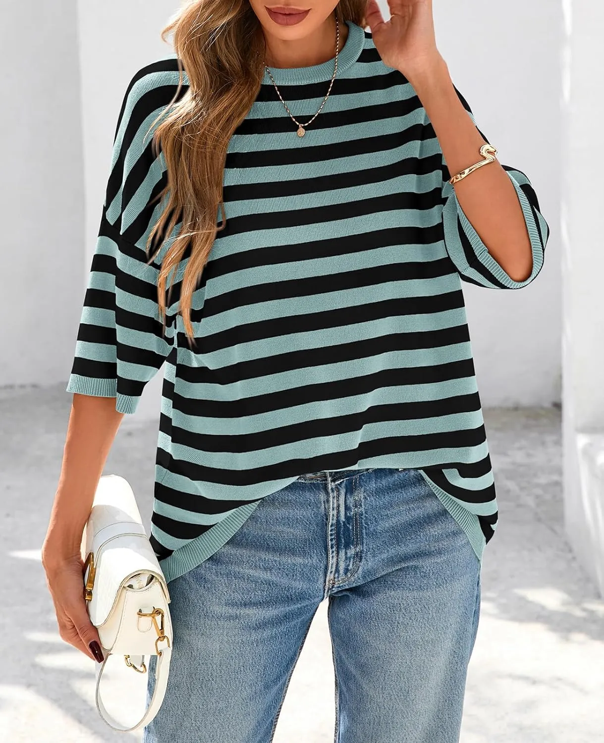 PRETTYGARDEN Womens Spring Summer Tops Fashion Striped Short Sleeve Sweater Crew Neck Lightweight Knit Oversized Shirts 2025