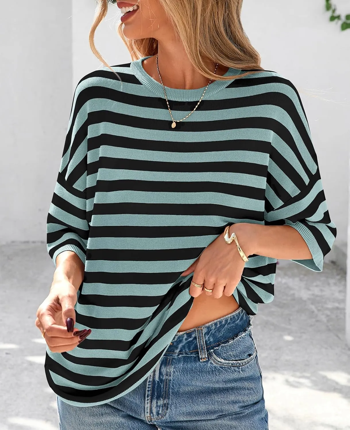 PRETTYGARDEN Womens Spring Summer Tops Fashion Striped Short Sleeve Sweater Crew Neck Lightweight Knit Oversized Shirts 2025