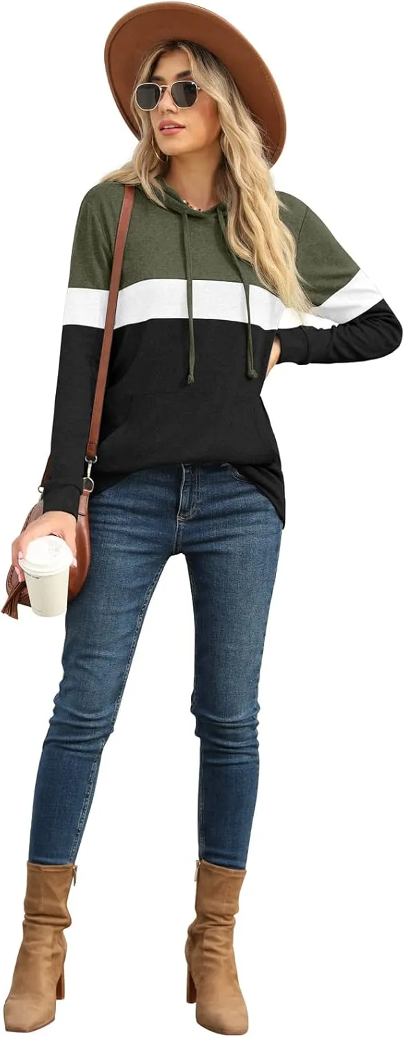 PrinStory Womens Sweatshirts Long Sleeve Casual Color Block Pullover Hoodies Fall Outfits 2024 Clothes