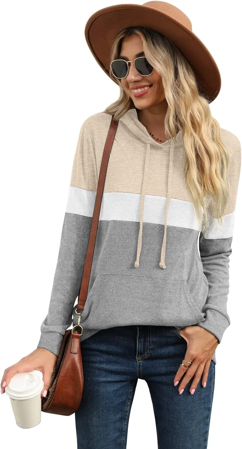 PrinStory Womens Sweatshirts Long Sleeve Casual Color Block Pullover Hoodies Fall Outfits 2024 Clothes