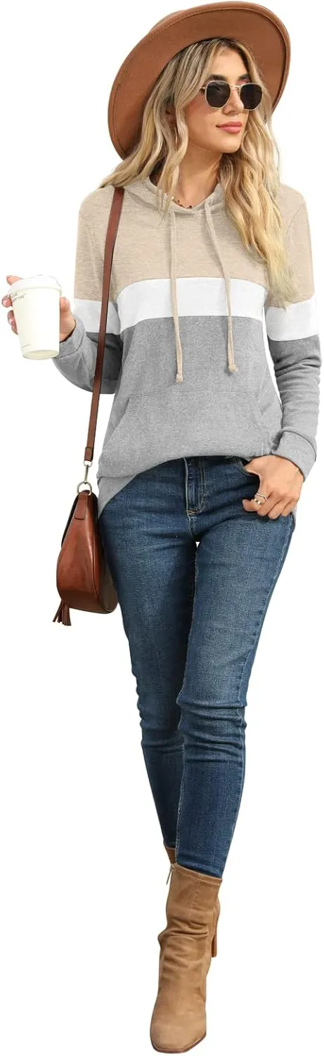 PrinStory Womens Sweatshirts Long Sleeve Casual Color Block Pullover Hoodies Fall Outfits 2024 Clothes