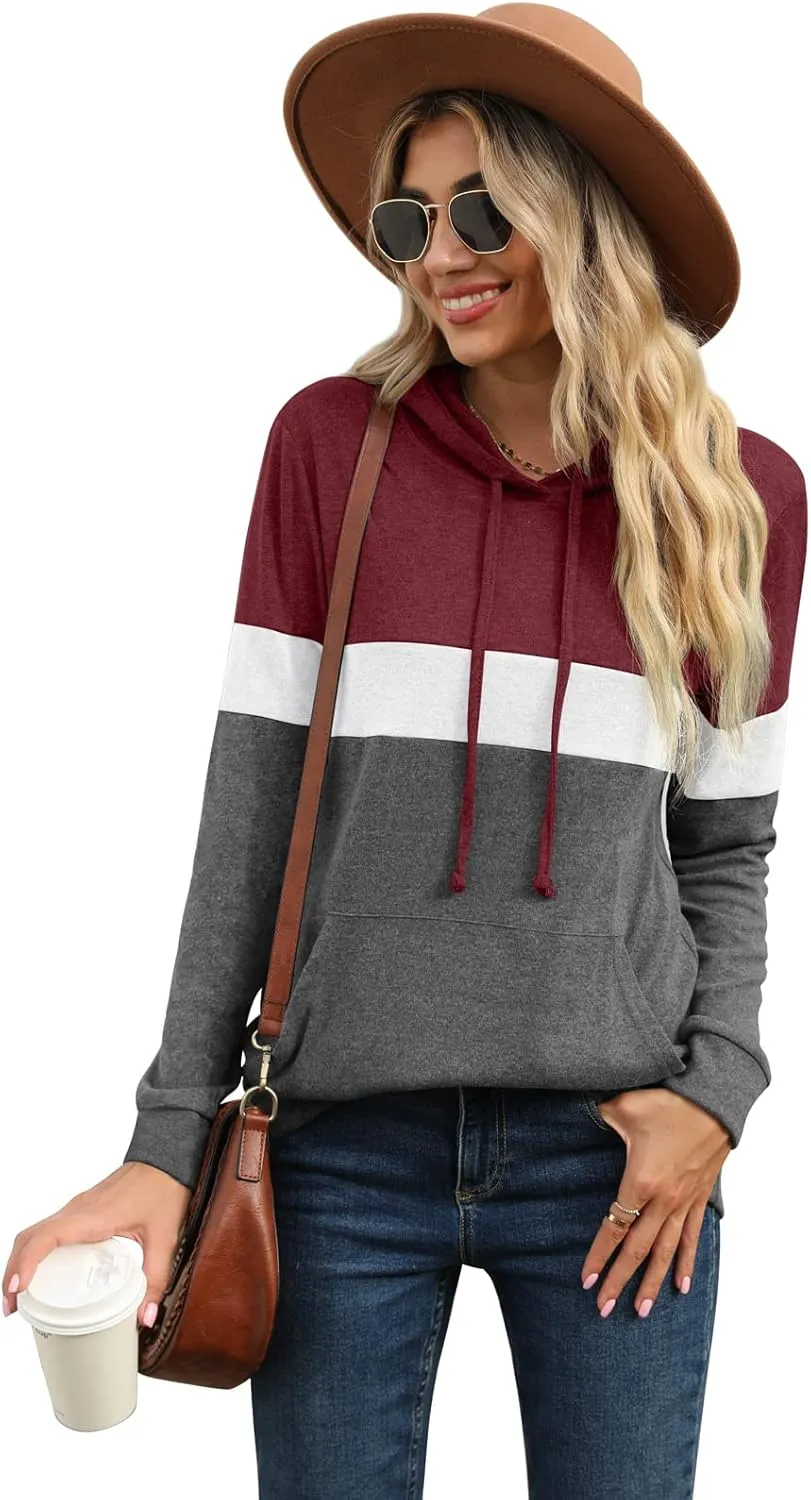 PrinStory Womens Sweatshirts Long Sleeve Casual Color Block Pullover Hoodies Fall Outfits 2024 Clothes
