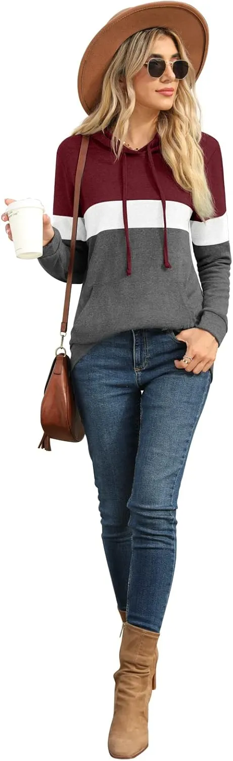 PrinStory Womens Sweatshirts Long Sleeve Casual Color Block Pullover Hoodies Fall Outfits 2024 Clothes