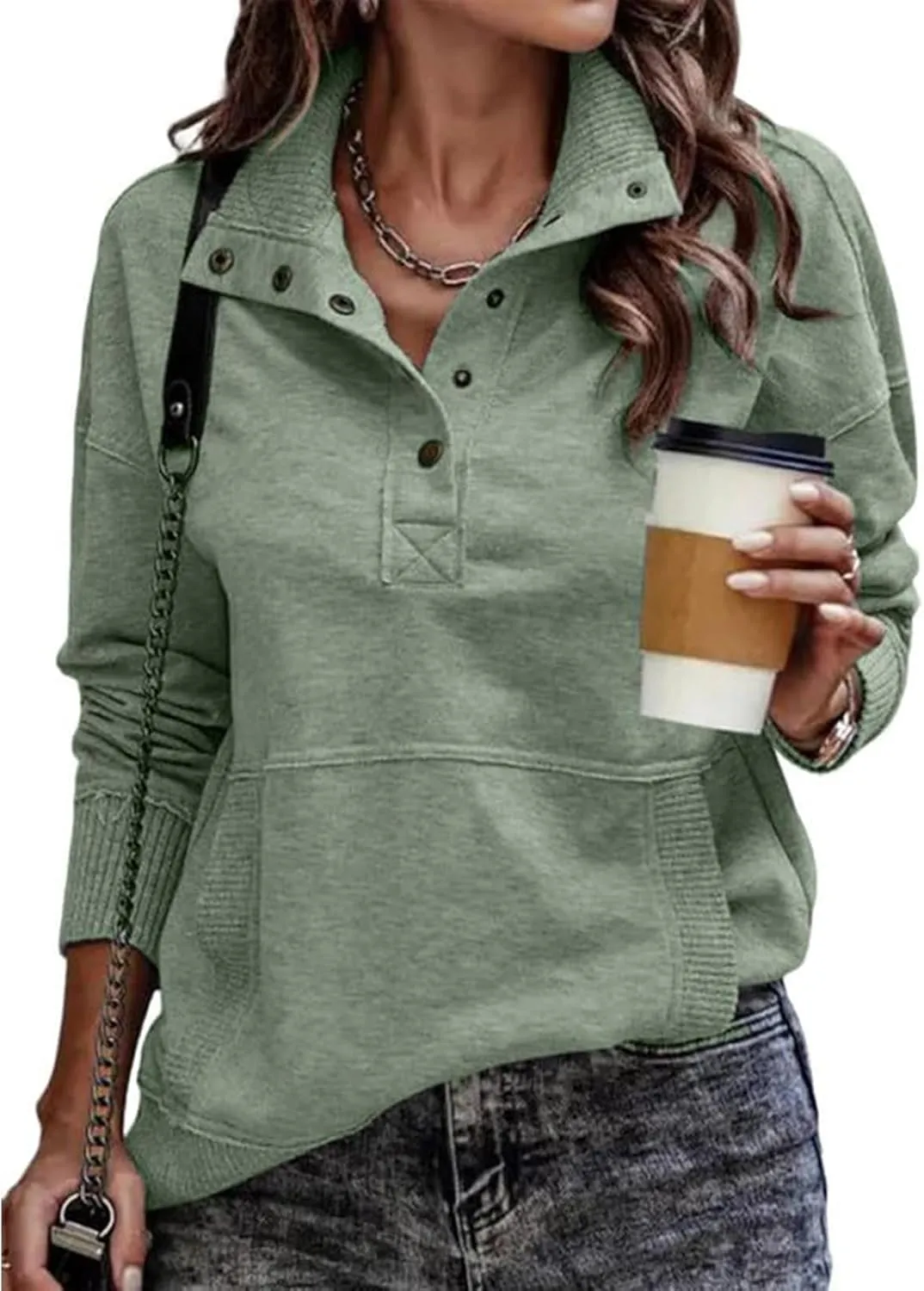 Pullover Sweatshirts for Women Henley Sweatshirts Casual Long Sleeve Hoodies Button V Neck Tops Loose Tunic Tops