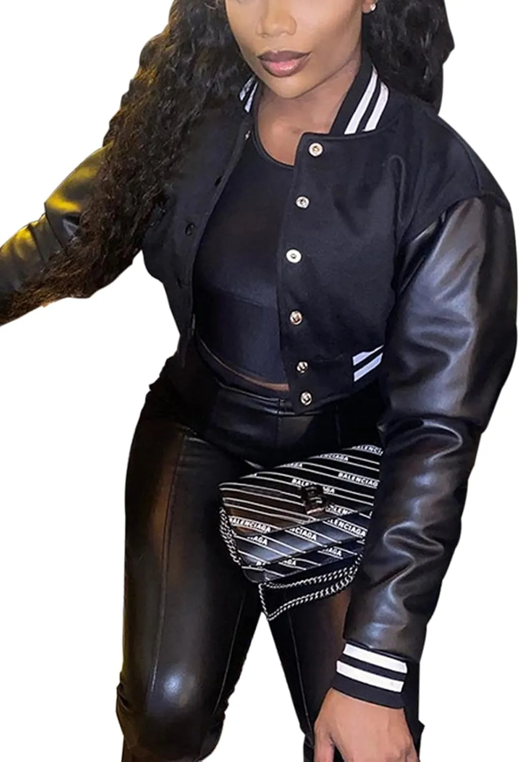 qfmqkpi Women Color block Crop Fleece Baseball Jacket Button Down Bomber Coats Sweatshirt