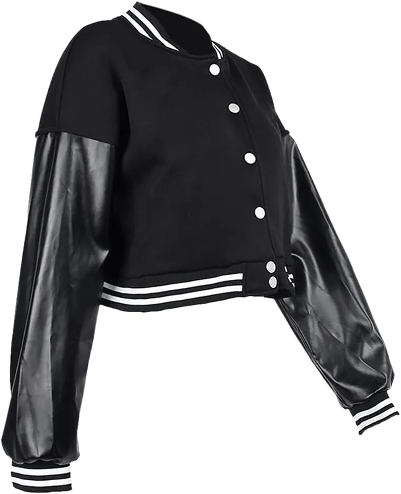 qfmqkpi Women Color block Crop Fleece Baseball Jacket Button Down Bomber Coats Sweatshirt