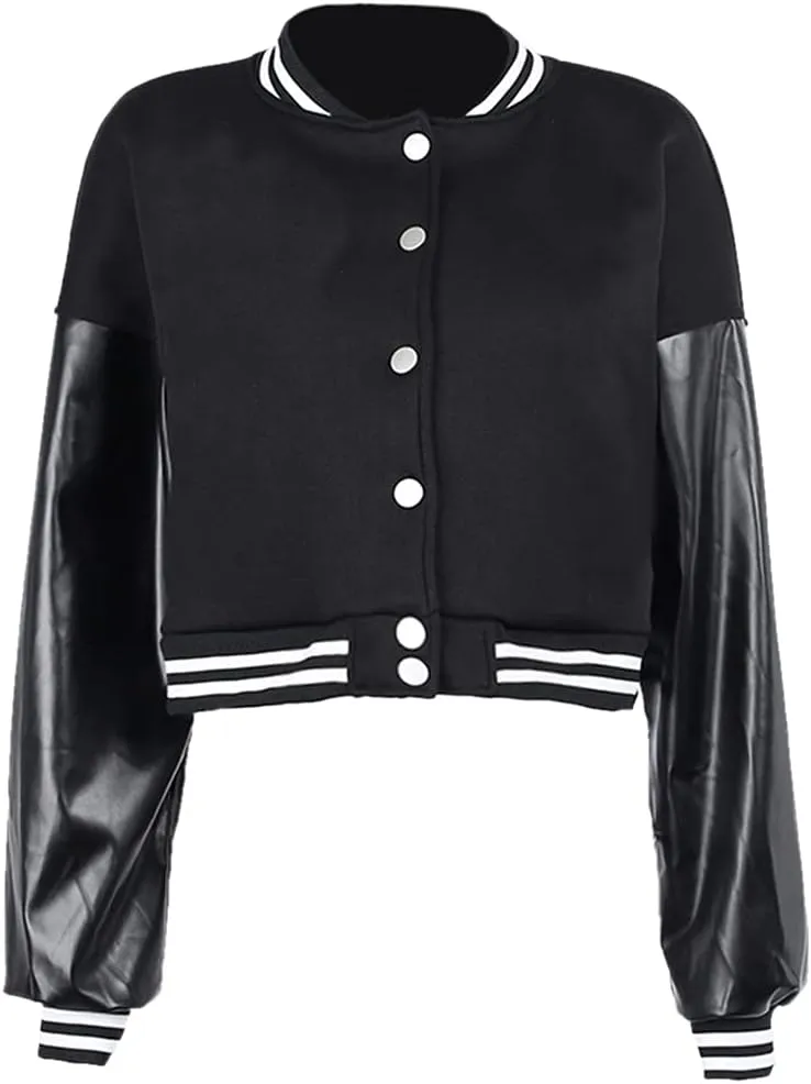 qfmqkpi Women Color block Crop Fleece Baseball Jacket Button Down Bomber Coats Sweatshirt