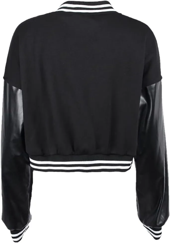 qfmqkpi Women Color block Crop Fleece Baseball Jacket Button Down Bomber Coats Sweatshirt