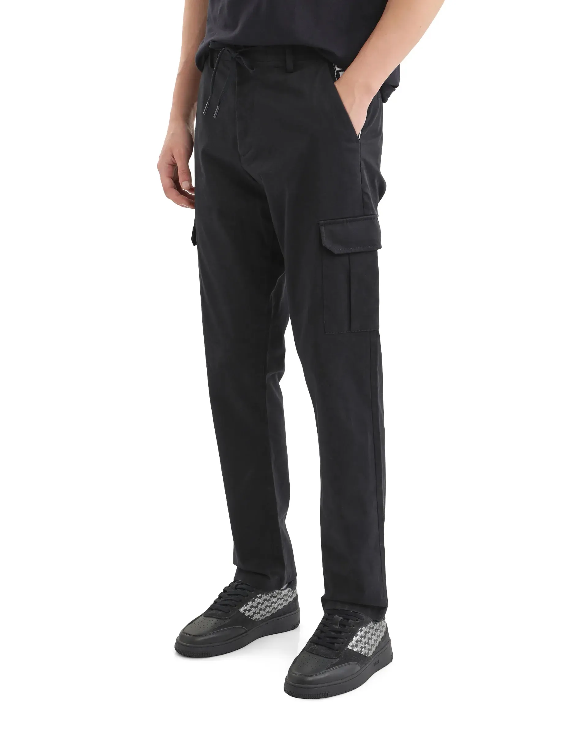 Rare Rabbit Men Nobon Navy Cotton Fabric Signature Monogram Print Regular Fit Cargo Style Trouser