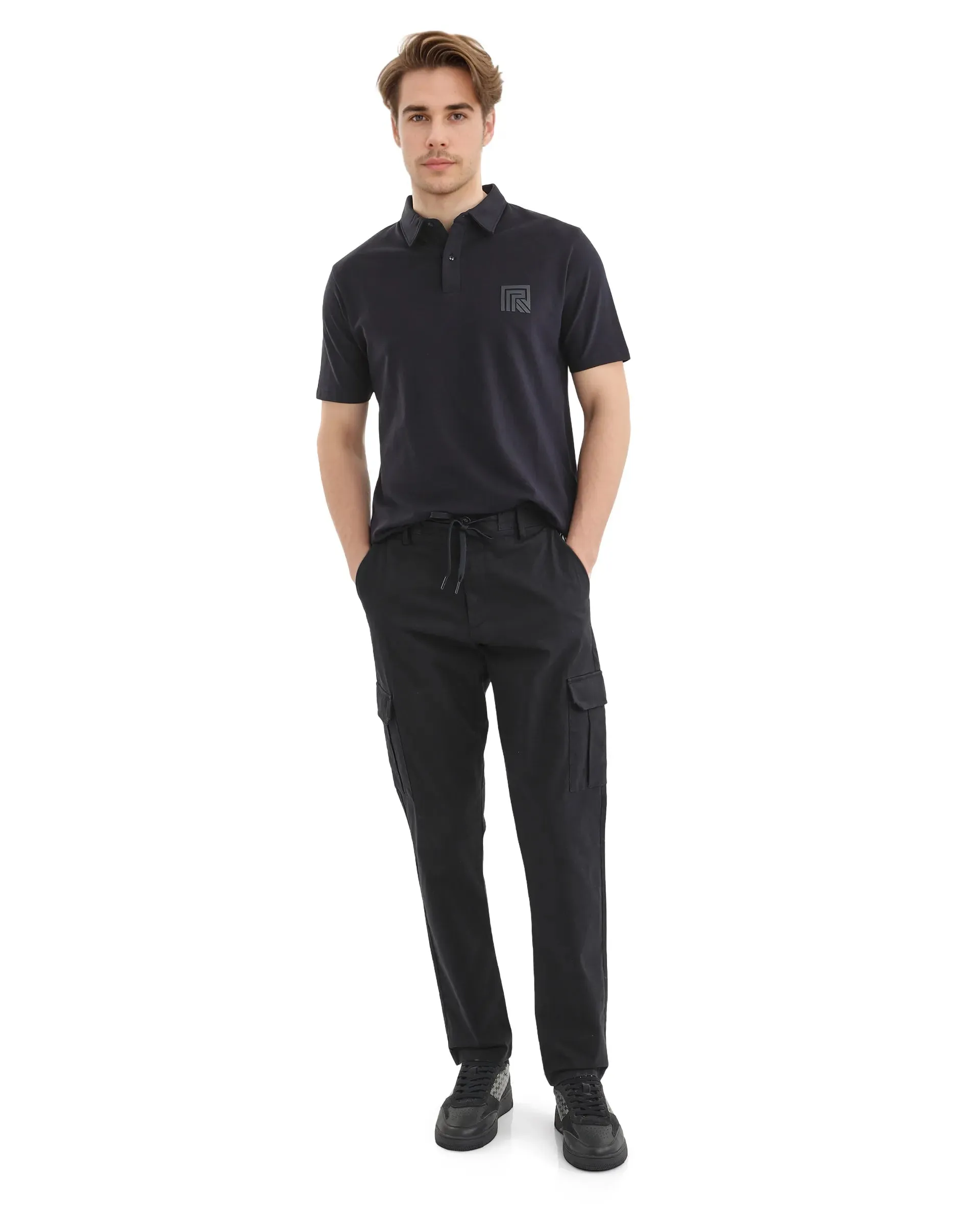 Rare Rabbit Men Nobon Navy Cotton Fabric Signature Monogram Print Regular Fit Cargo Style Trouser