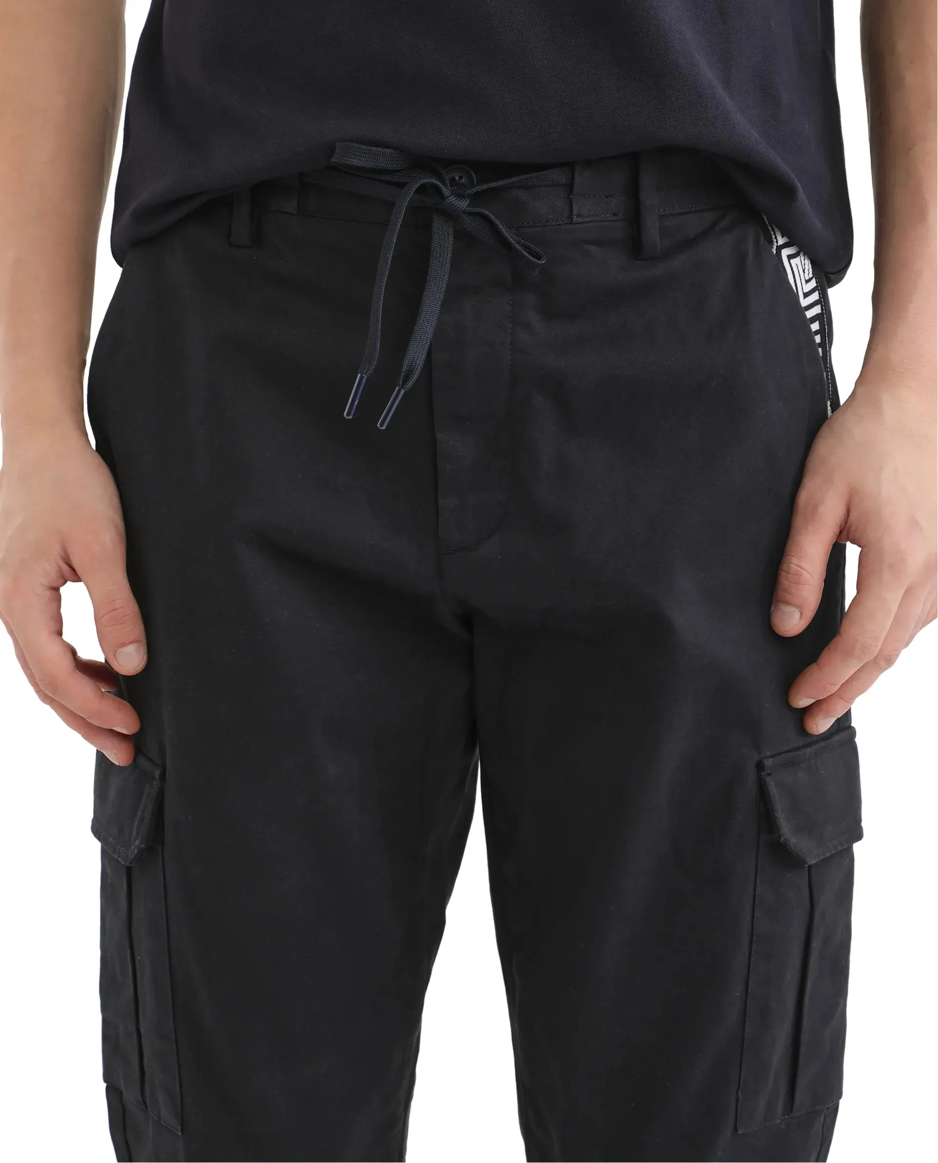 Rare Rabbit Men Nobon Navy Cotton Fabric Signature Monogram Print Regular Fit Cargo Style Trouser