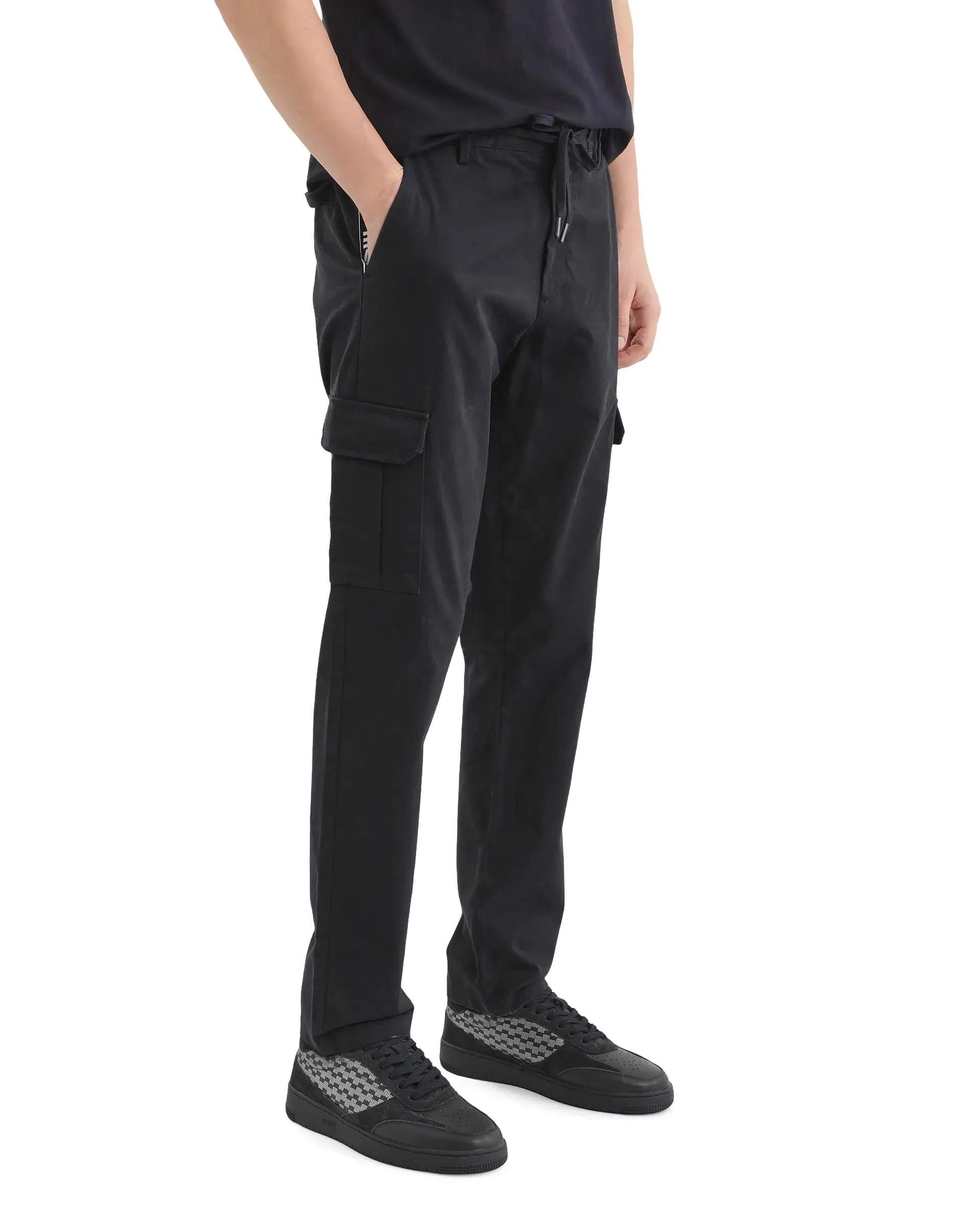 Rare Rabbit Men Nobon Navy Cotton Fabric Signature Monogram Print Regular Fit Cargo Style Trouser