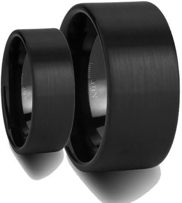 Ring for Men and Ring for Women Set His & Her's Matching 8MM/6MM Flat Black Matte Finish Tungsten Carbide Wedding Band Ring Set Wedding Band Ring Ideal Rings for couples