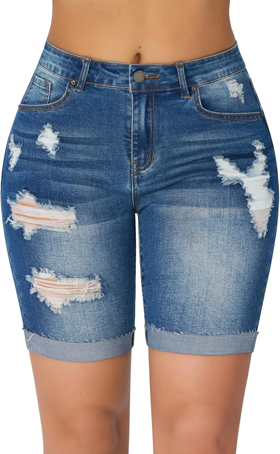 roswear Women's High Waisted Stretchy Ripped Cuffed Bermuda Denim Jean Shorts