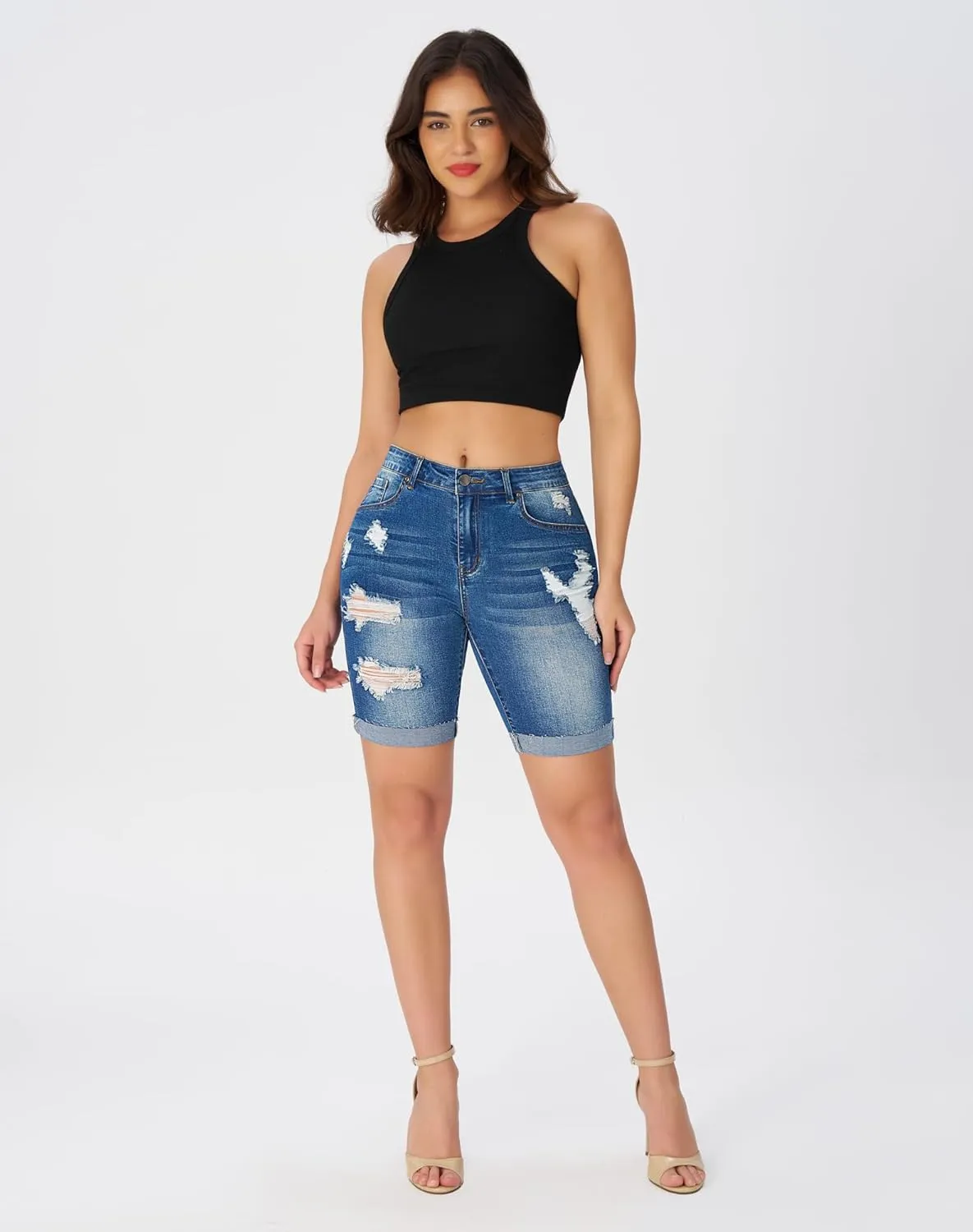 roswear Women's High Waisted Stretchy Ripped Cuffed Bermuda Denim Jean Shorts