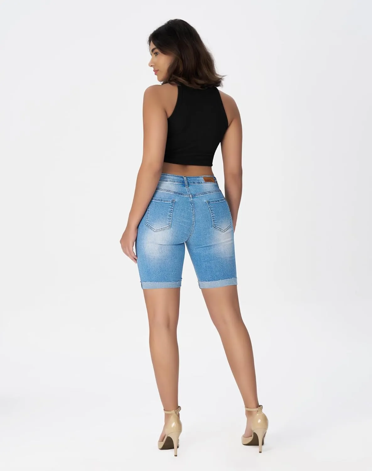 roswear Women's High Waisted Stretchy Ripped Cuffed Bermuda Denim Jean Shorts