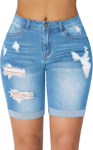 roswear Women's High Waisted Stretchy Ripped Cuffed Bermuda Denim Jean Shorts