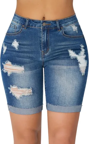 roswear Women's High Waisted Stretchy Ripped Cuffed Bermuda Denim Jean Shorts