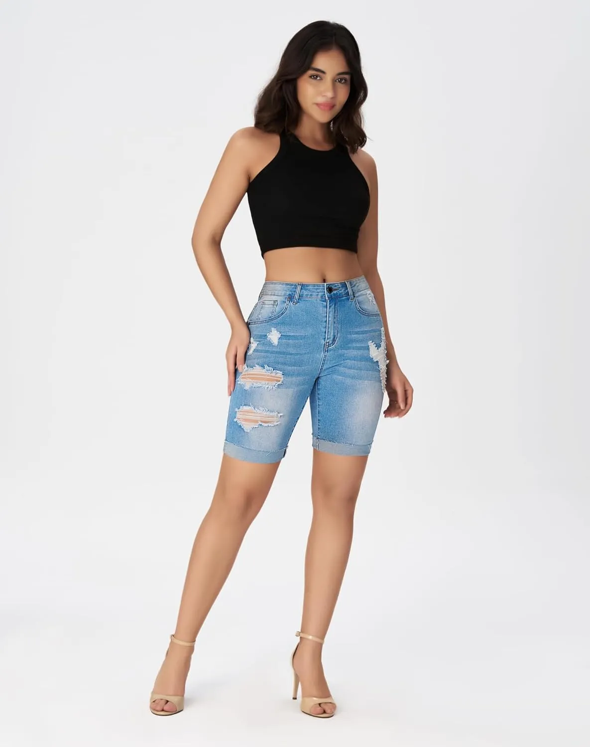 roswear Women's High Waisted Stretchy Ripped Cuffed Bermuda Denim Jean Shorts