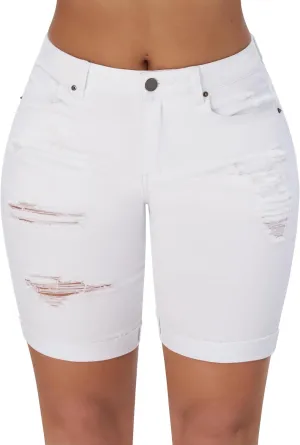 roswear Women's High Waisted Stretchy Ripped Cuffed Bermuda Denim Jean Shorts