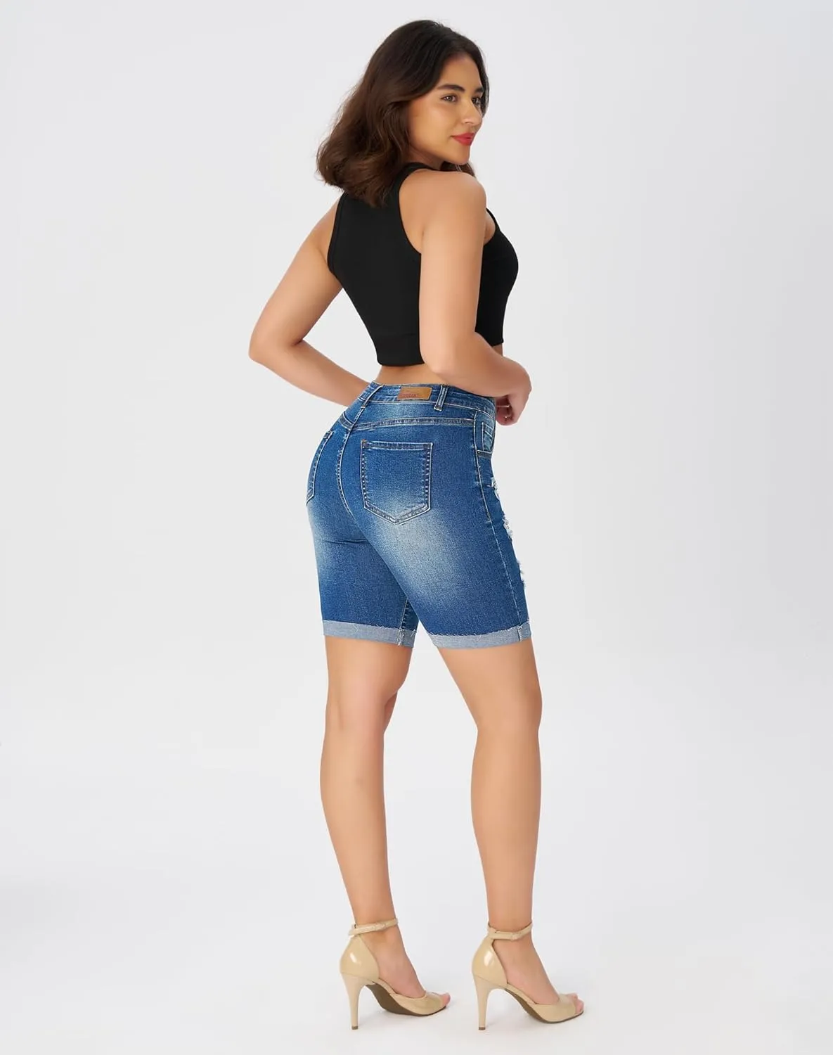 roswear Women's High Waisted Stretchy Ripped Cuffed Bermuda Denim Jean Shorts