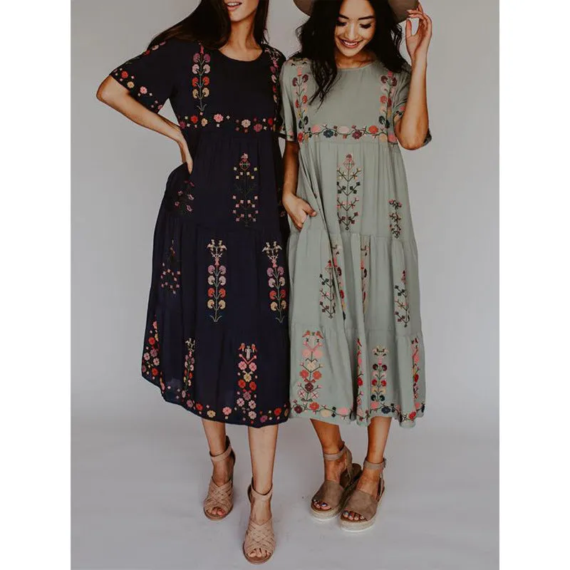 Round Neck Short Sleeves Floral Embroidered Midi Dress