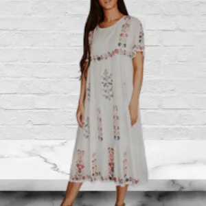 Round Neck Short Sleeves Floral Embroidered Midi Dress