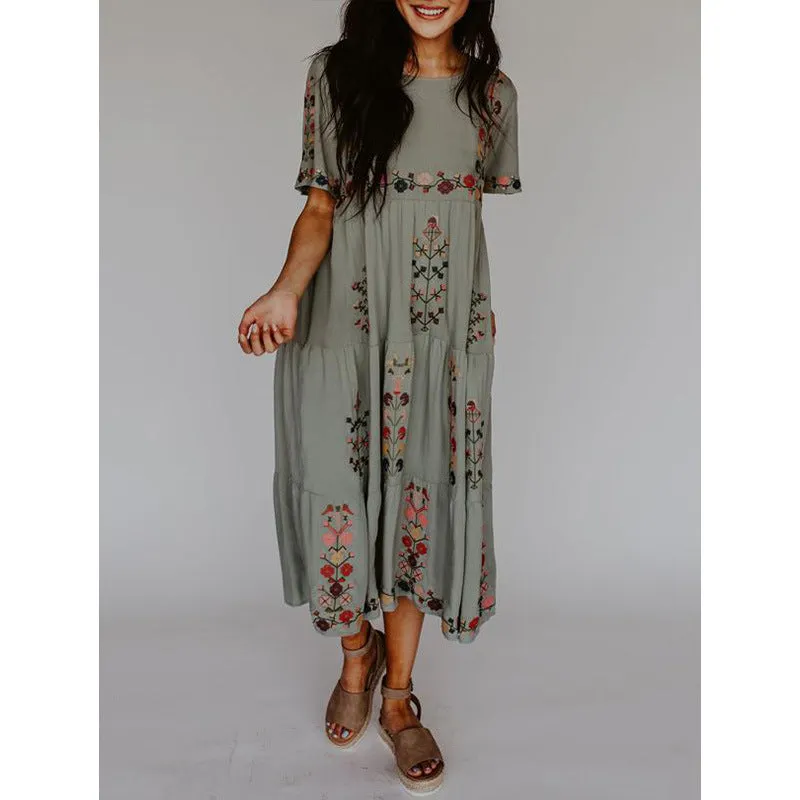 Round Neck Short Sleeves Floral Embroidered Midi Dress