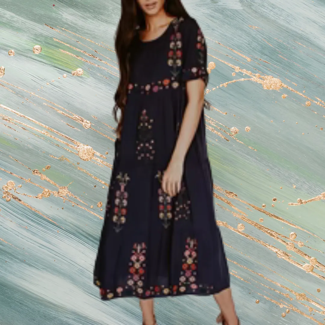 Round Neck Short Sleeves Floral Embroidered Midi Dress