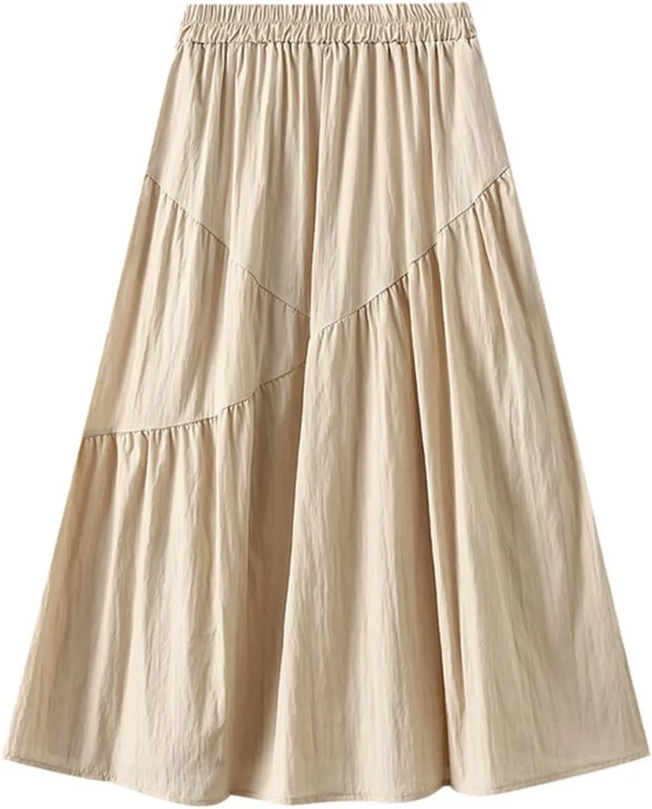 Ruffle Midi Skirts for Women Elastic Waist Pleated Swing Skirt Trendy Business Solid Color Casual A-Line Skirts