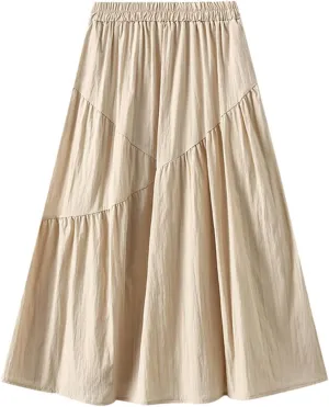 Ruffle Midi Skirts for Women Elastic Waist Pleated Swing Skirt Trendy Business Solid Color Casual A-Line Skirts
