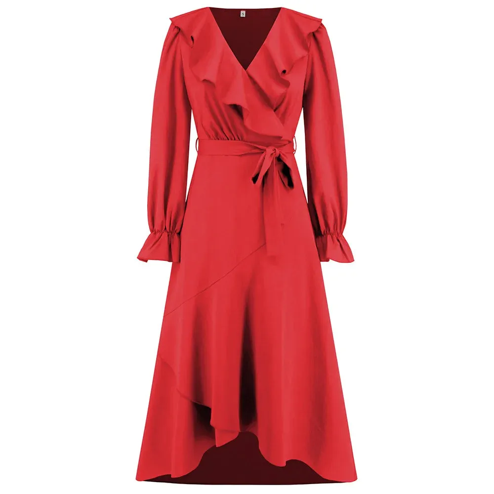 Ruffled Full Flared V-neck Irregular Hem Skinny Elegant Midi Dress