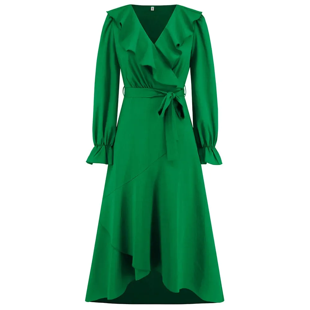Ruffled Full Flared V-neck Irregular Hem Skinny Elegant Midi Dress