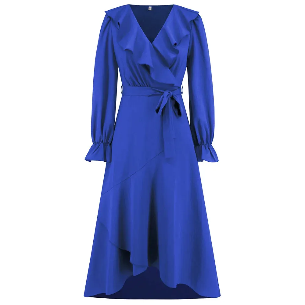 Ruffled Full Flared V-neck Irregular Hem Skinny Elegant Midi Dress