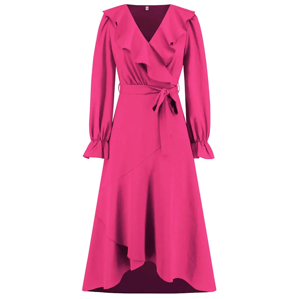 Ruffled Full Flared V-neck Irregular Hem Skinny Elegant Midi Dress