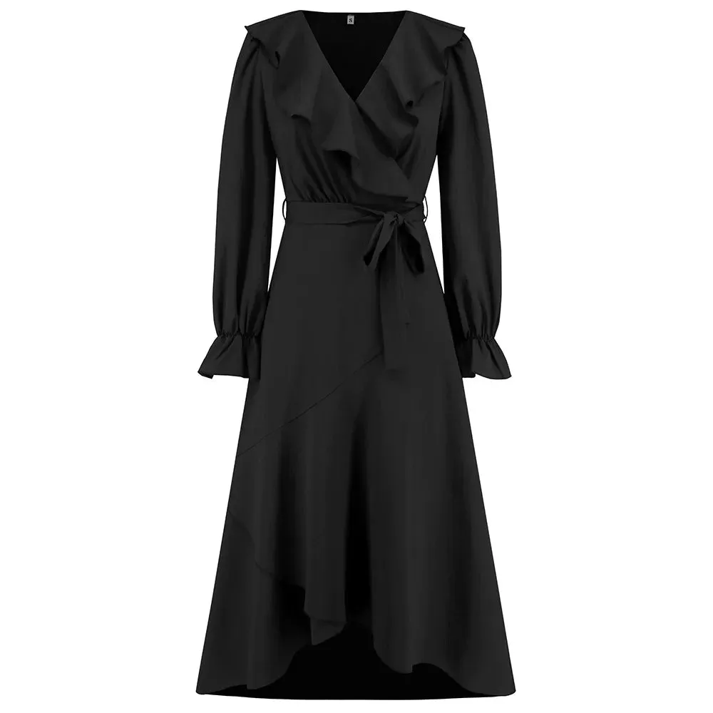 Ruffled Full Flared V-neck Irregular Hem Skinny Elegant Midi Dress