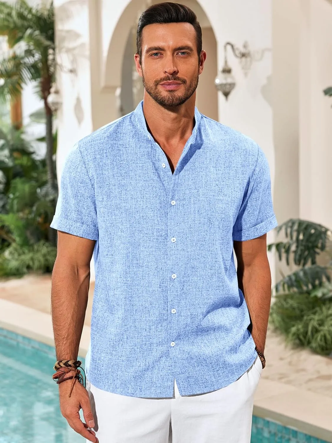 Runcati Mens Casual Button Down Shirts Short Sleeve Banded Collar Shirt Linen Beach Summer Hippie Tops