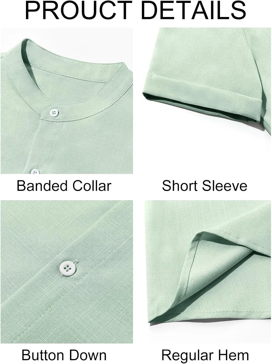 Runcati Mens Casual Button Down Shirts Short Sleeve Banded Collar Shirt Linen Beach Summer Hippie Tops
