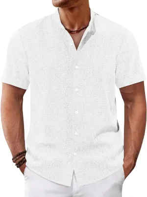 Runcati Mens Casual Button Down Shirts Short Sleeve Banded Collar Shirt Linen Beach Summer Hippie Tops