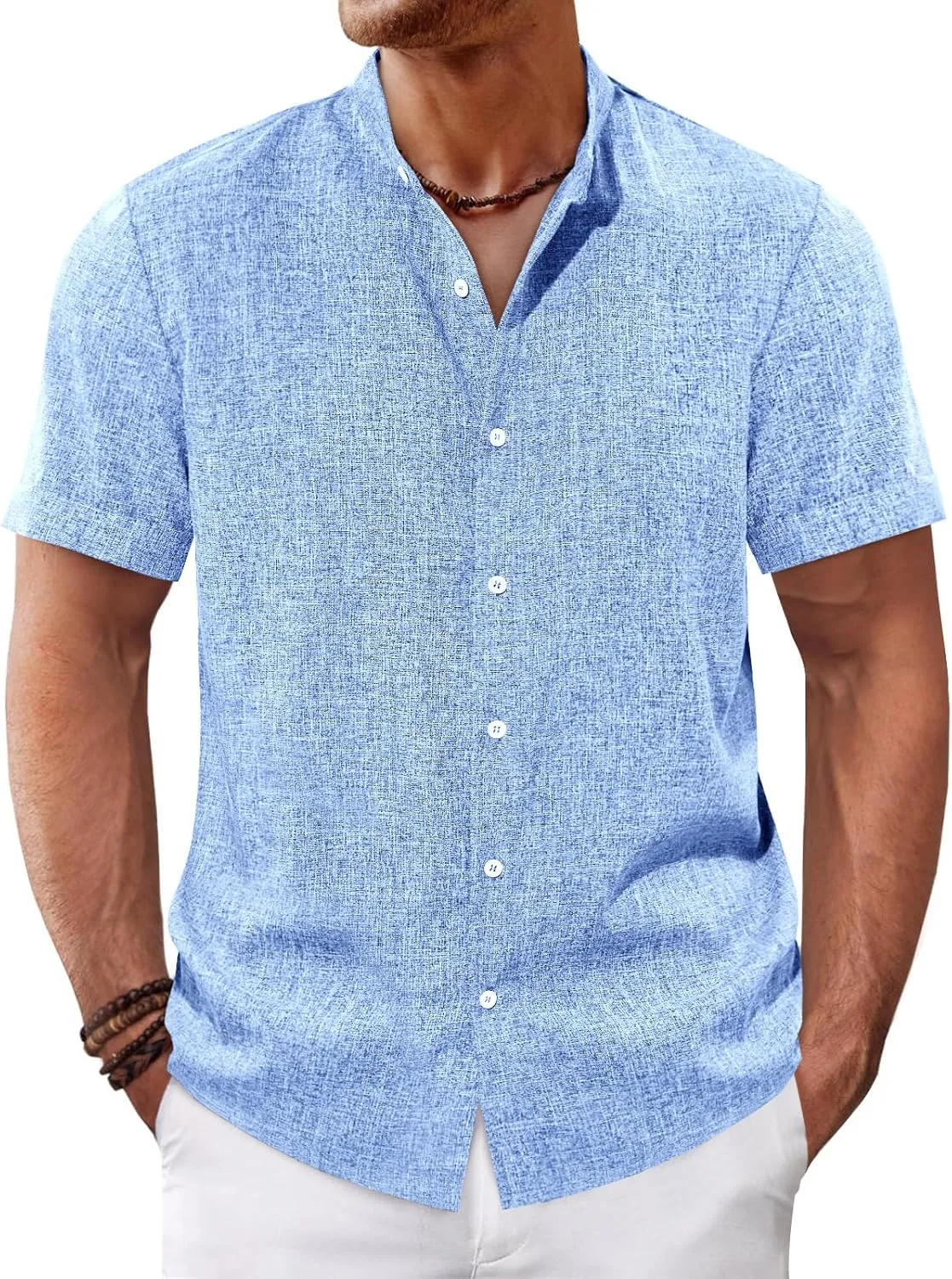Runcati Mens Casual Button Down Shirts Short Sleeve Banded Collar Shirt Linen Beach Summer Hippie Tops