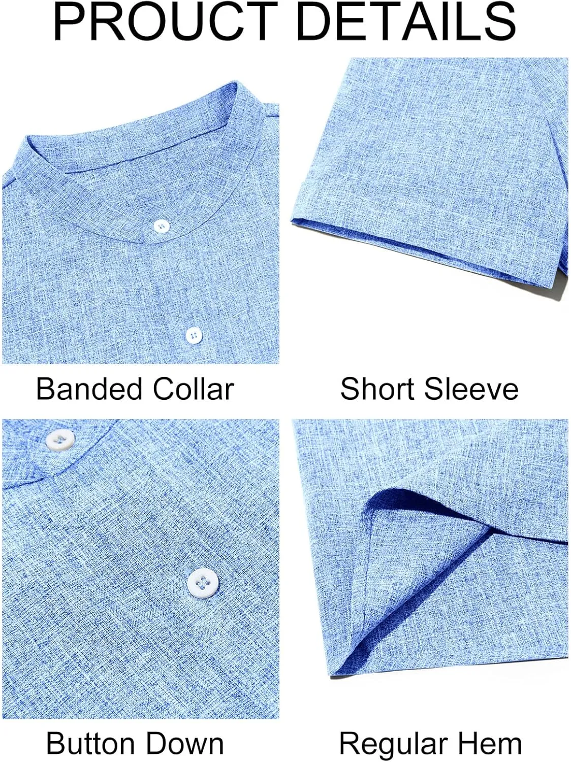 Runcati Mens Casual Button Down Shirts Short Sleeve Banded Collar Shirt Linen Beach Summer Hippie Tops