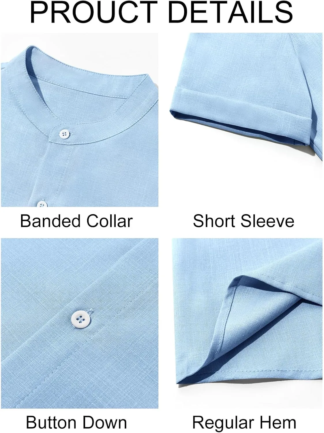Runcati Mens Casual Button Down Shirts Short Sleeve Banded Collar Shirt Linen Beach Summer Hippie Tops