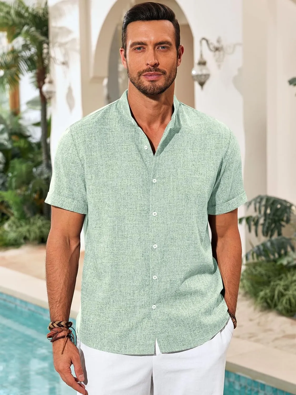 Runcati Mens Casual Button Down Shirts Short Sleeve Banded Collar Shirt Linen Beach Summer Hippie Tops