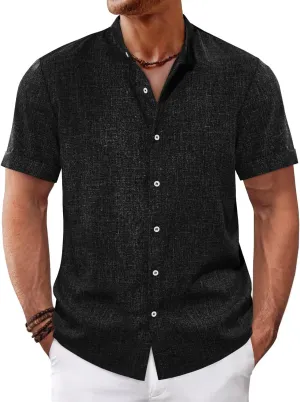 Runcati Mens Casual Button Down Shirts Short Sleeve Banded Collar Shirt Linen Beach Summer Hippie Tops